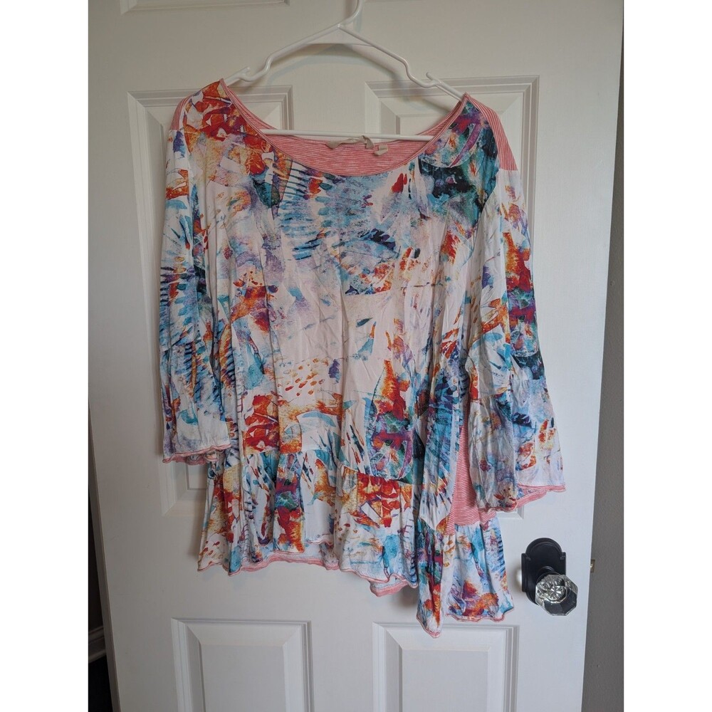 Soft Surroundings 1X Yvette Blouse Womens Abstract Bell Sleeve Peplum AOP ARTSY
